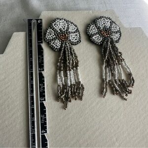 Beaded Pearl White & Bronze Floral  Long Dangle Chandelier Pierced Earrings